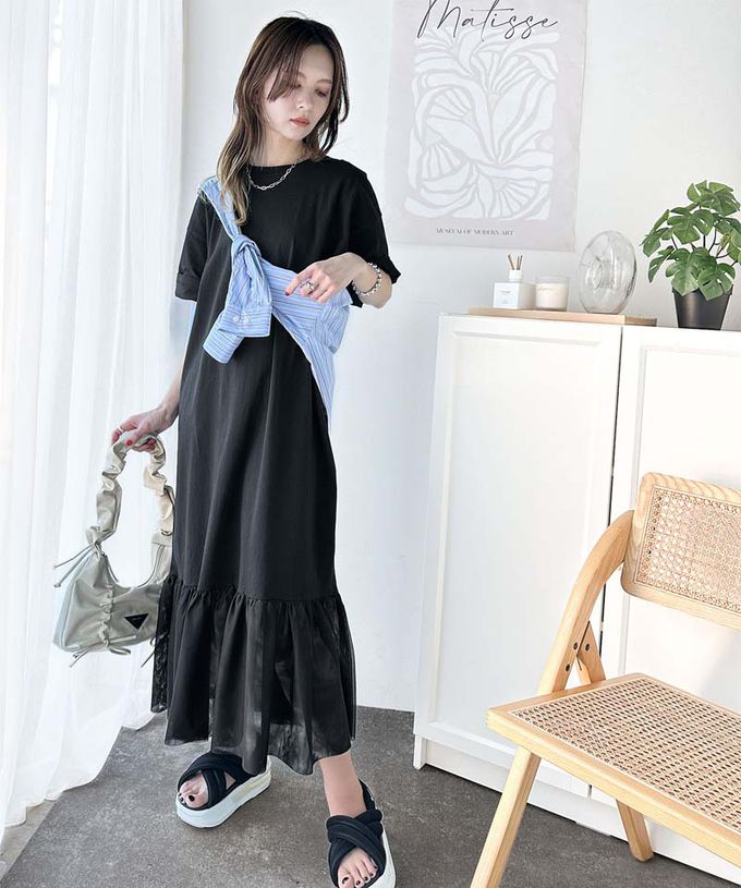 日本 Classical Elf - 飄逸下擺薄紗休閒短袖洋裝-炭灰