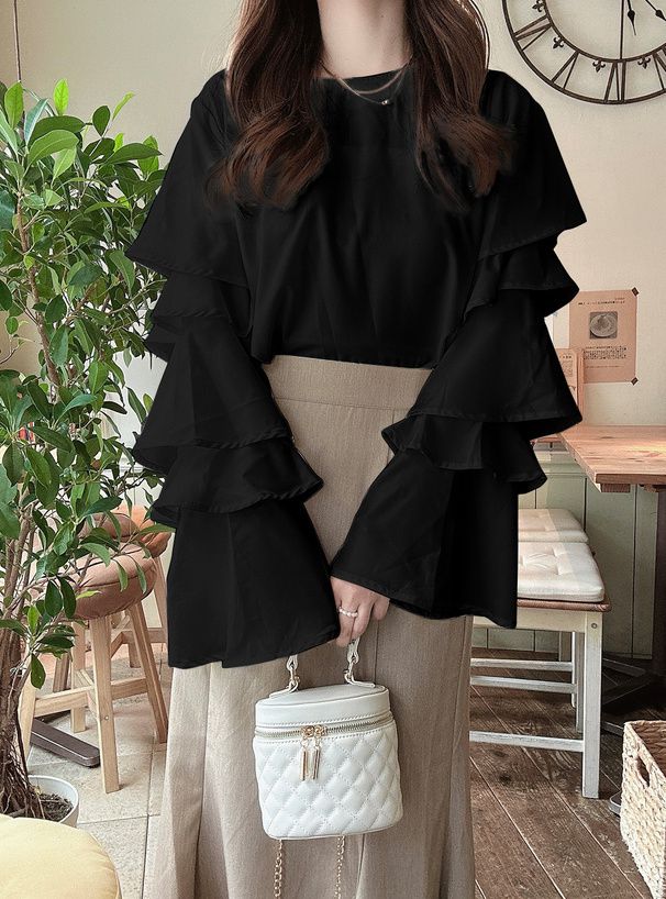 日本 GRL - 優雅氣質層次長袖上衣-杏白 (F)