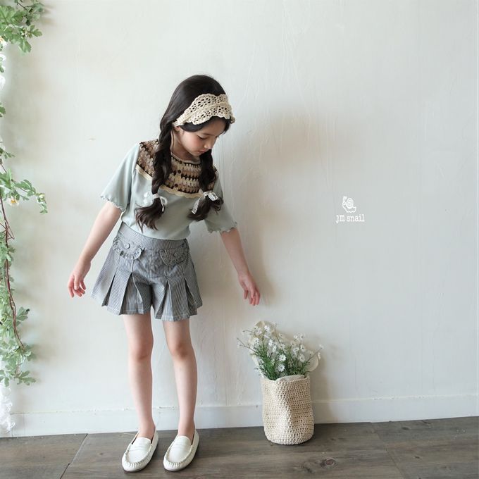 韓國 Jmsnail - 胸前針織花邊裝飾短袖上衣-米白