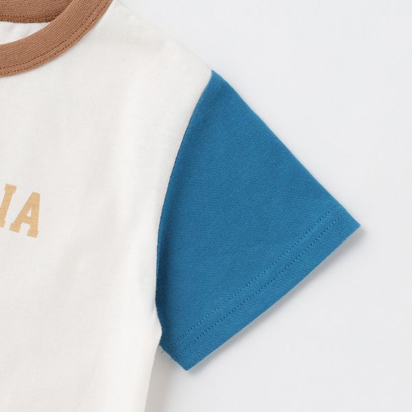 日本 petit main - 百搭印花短袖上衣-恐龍線條-卡其黃