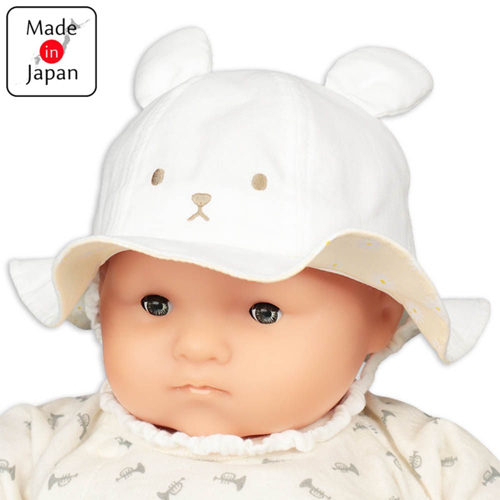 嬰幼兒寬簷帽-兔耳 雛菊-米白色-日本製