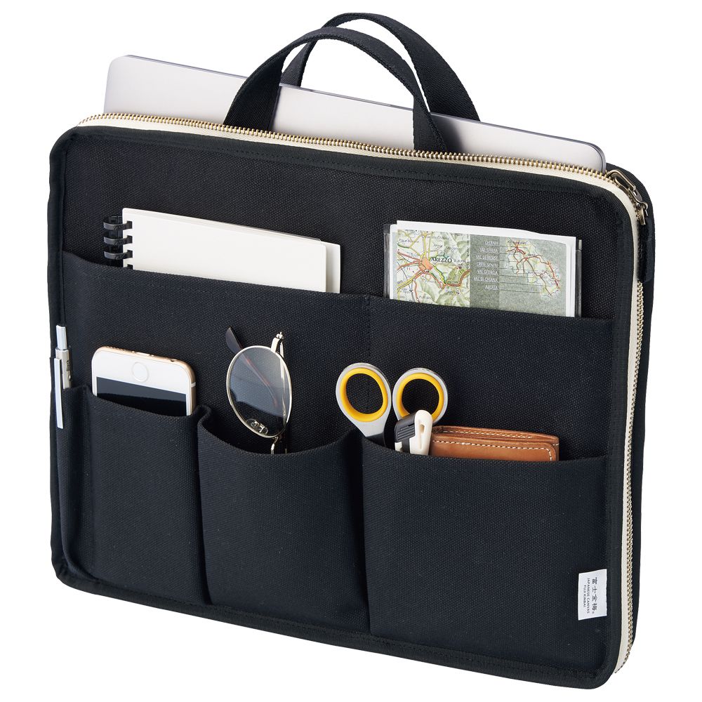 日本文具 LIHIT - 日本國產帆布雙向站立全開筆電包/公事包-深藍 (13吋適用)