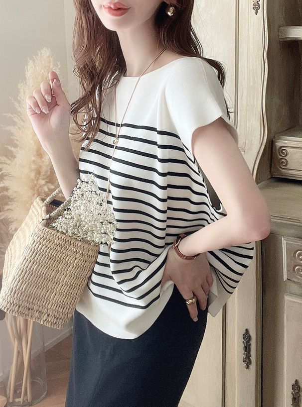 日本 GRL - 定番款 條紋針織法式袖上衣-米杏x黑 (F)