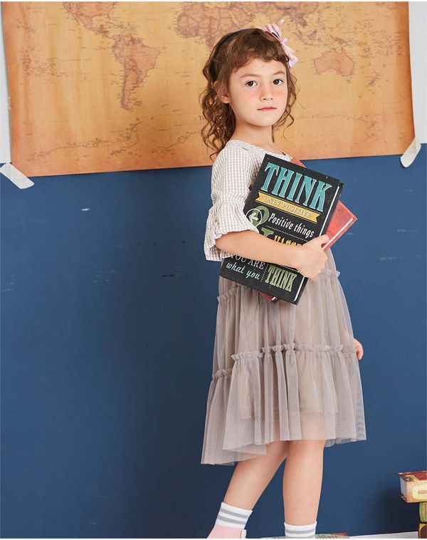 麗嬰房 Little moni - 假兩件網紗拼接洋裝-駝色