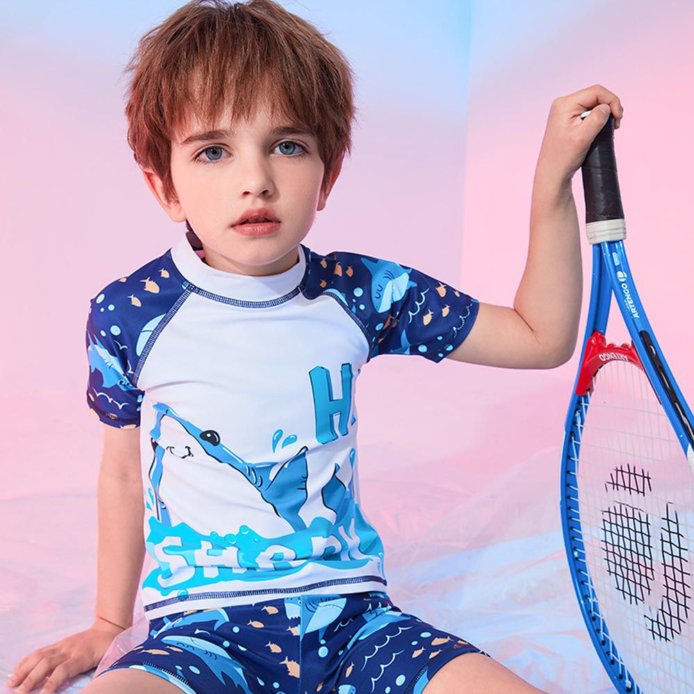 361° - 兒童卡通圖短袖泳衣套裝(二件組)-可愛鯊魚-藍色