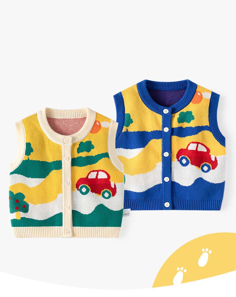 圓領百搭針織排釦背心-車車-杏色