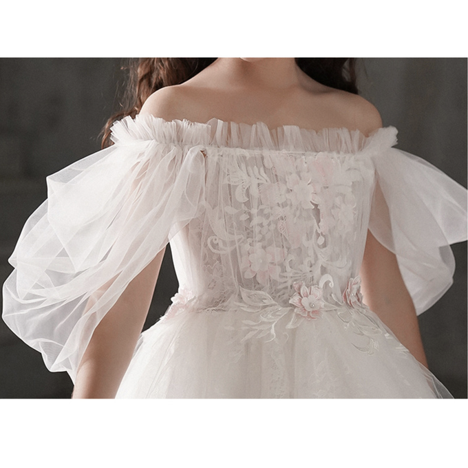 love, charlotte - 一字領立體花蓬蓬白紗氣質長裙禮服-白色