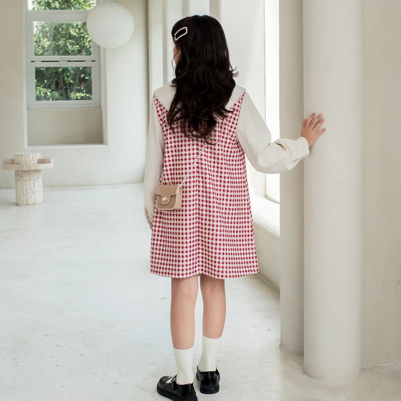 娃娃領泡泡袖格子洋裝-贈小包包-紅+白