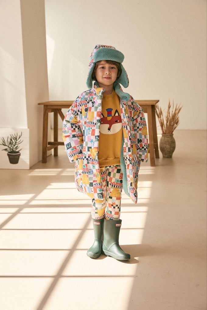 韓國 Mimico - (附帽子)格子飛行船羊羔絨外套-米色內裡