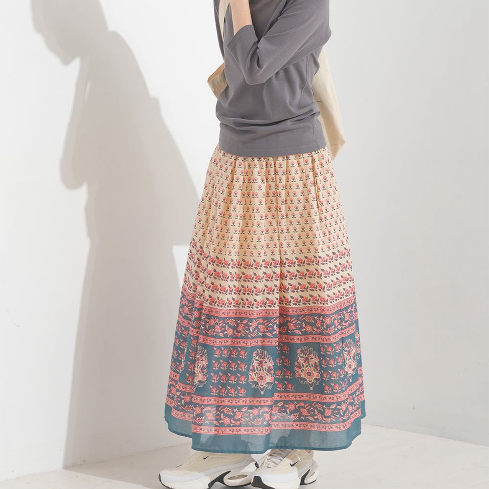 100%印度棉 夏日透氣長裙-象牙粉圖騰