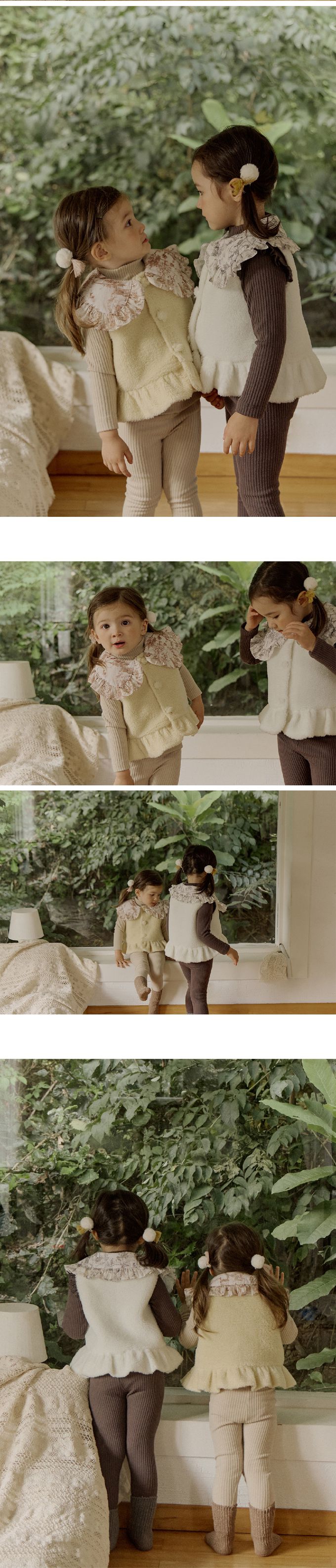 韓國 Puellaflo - 古典水墨印領裝飾毛絨背心-黃X咖啡