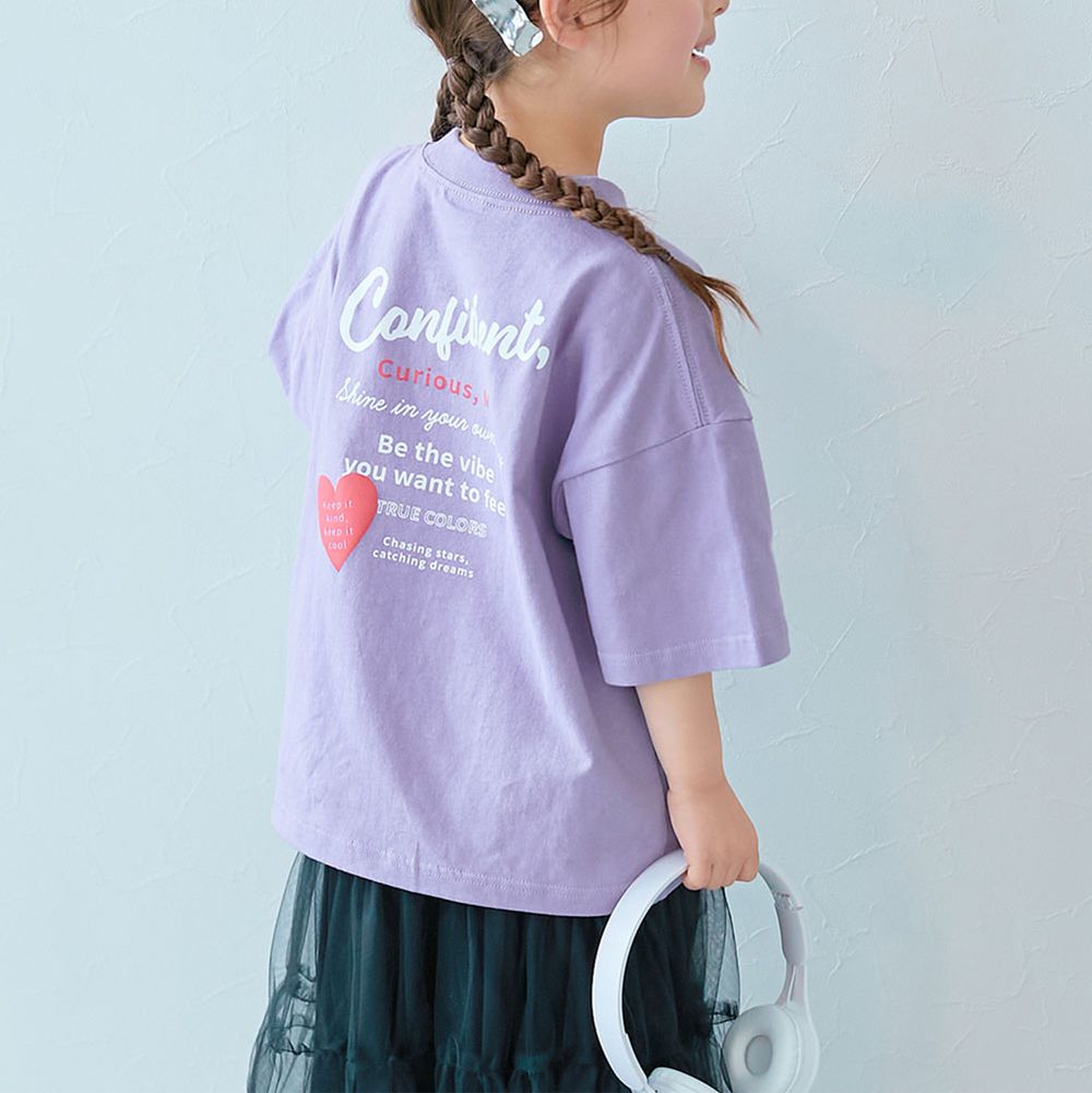100%棉 可愛女孩寬版短袖上衣-背後愛心標語-紫羅蘭