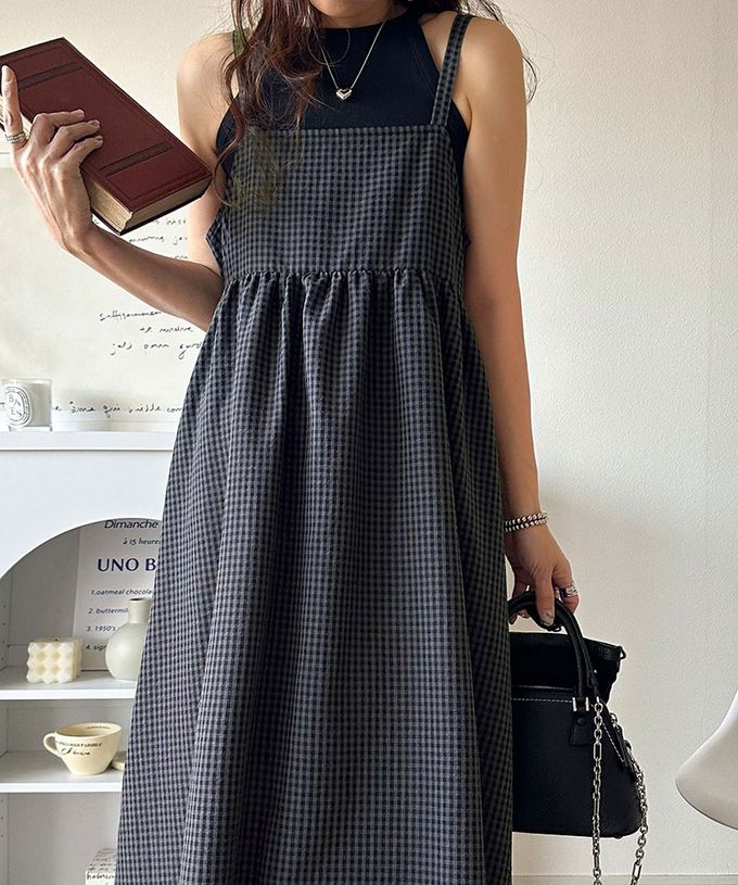 日本 Classical Elf - 成熟可愛感後綁帶吊帶洋裝-格子-咖啡