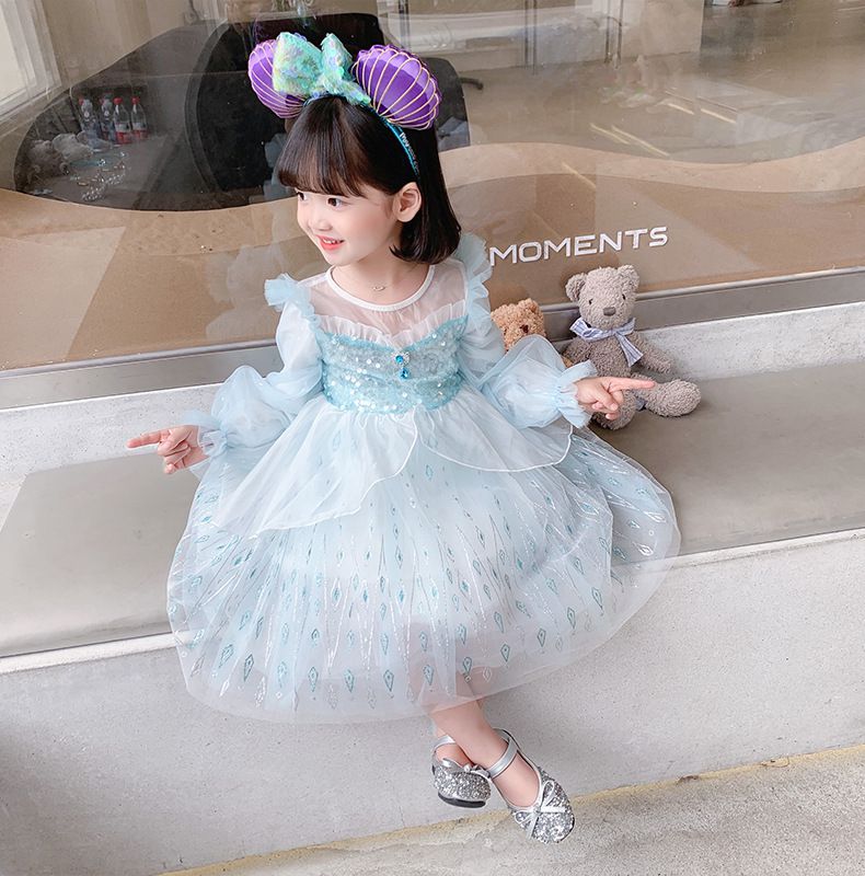 仙氣薄紗長袖洋裝-藍色