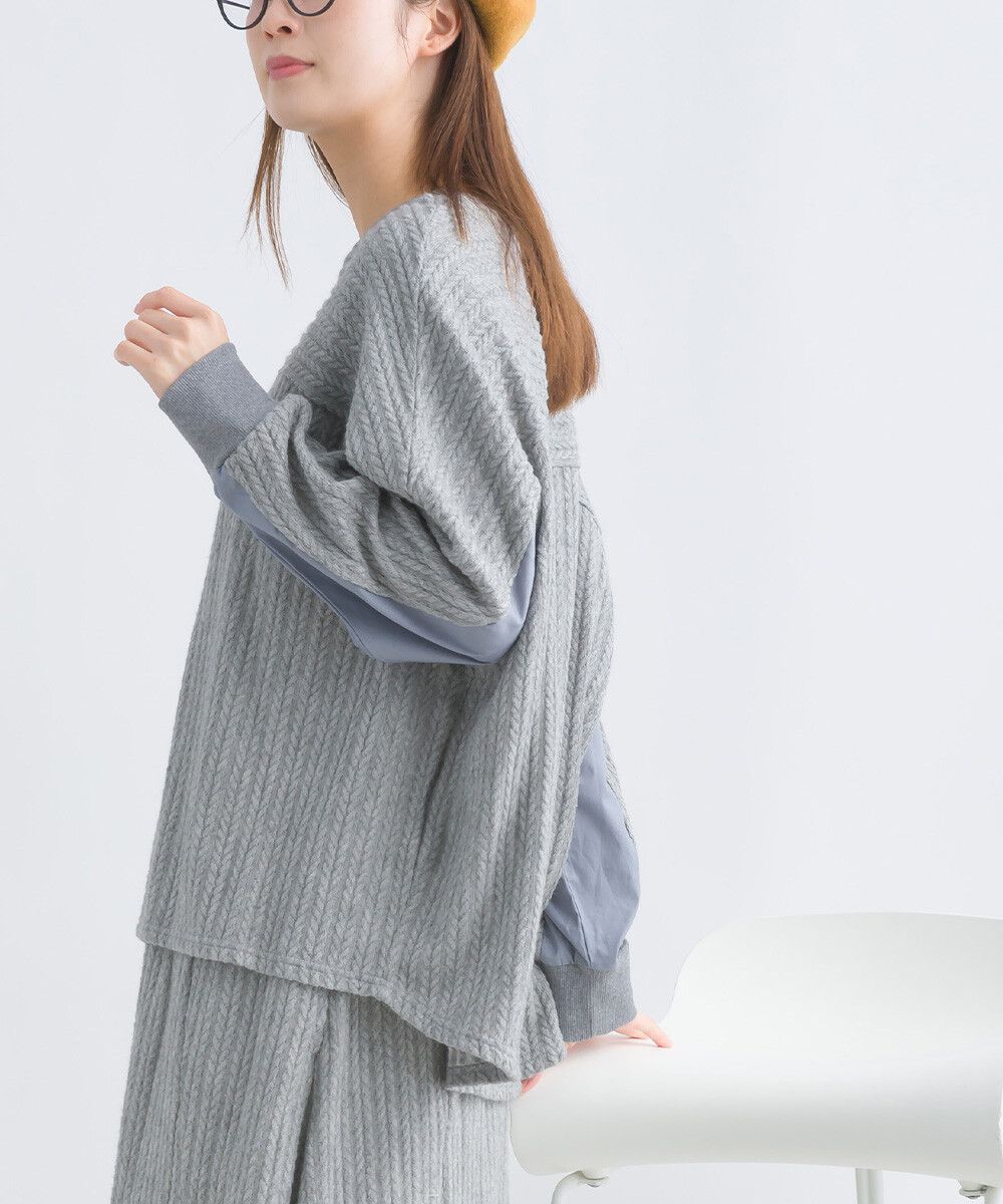 日本女裝代購 - 拼接撞色寬袖麻花針織上衣-灰