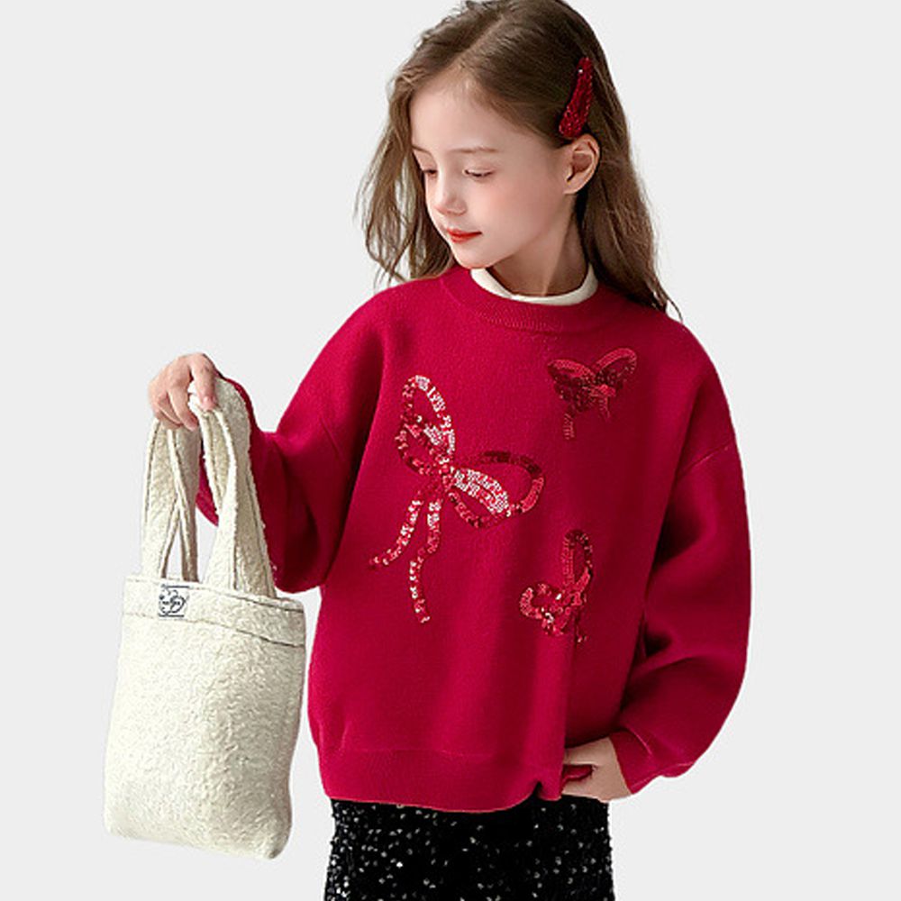 可機洗長袖針織上衣-亮片蝴蝶結-紅色