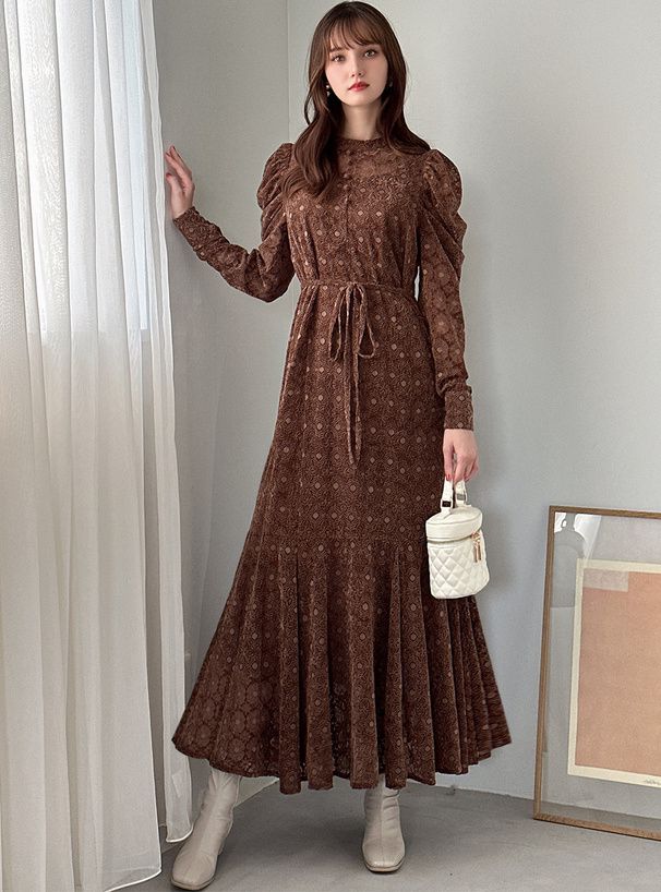 日本 GRL - 歐風印花羊腿袖綁帶洋裝-深可可