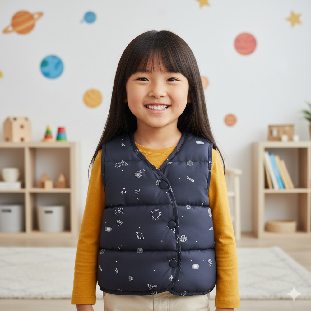 90%鴨絨兒童保暖防潑水背心-外太空-黑色