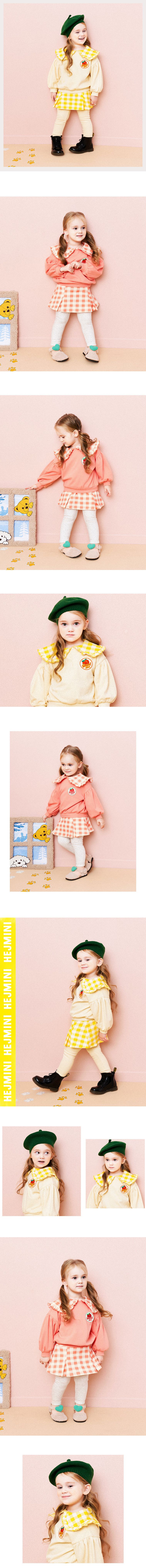 韓國 HEJMINI - (內刷毛)蘋果徽章荷葉領格子裙套裝-蜜桃粉