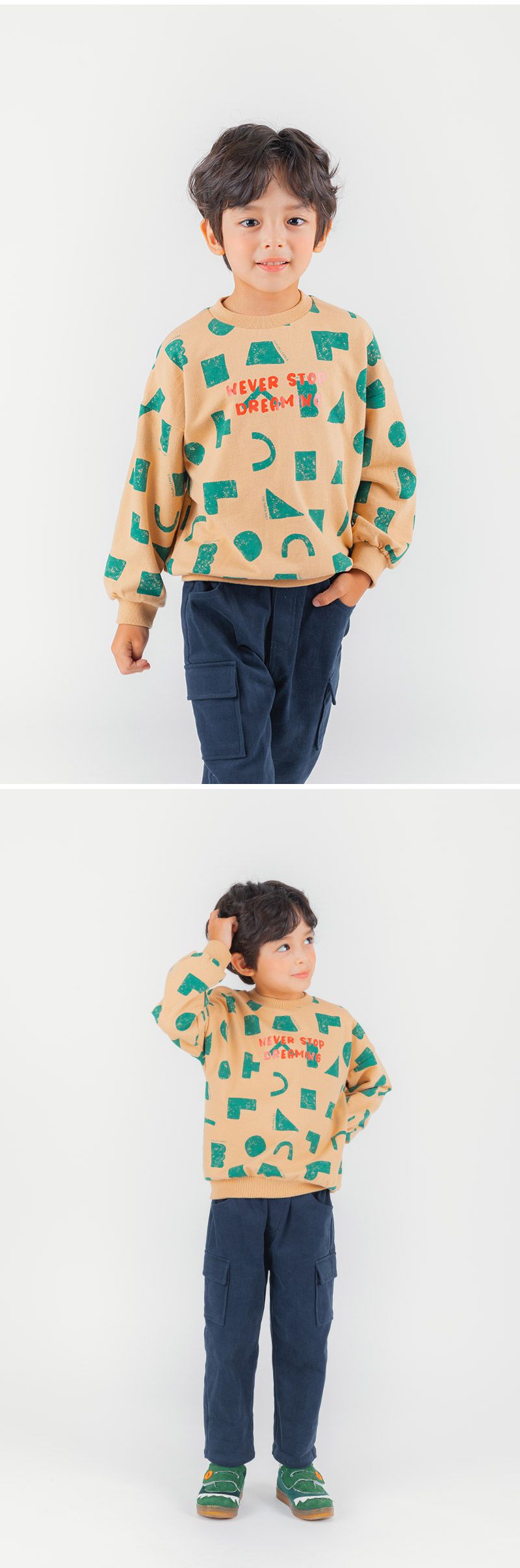 韓國 OZKIZ - 幾盒積木印長袖大學T-橘