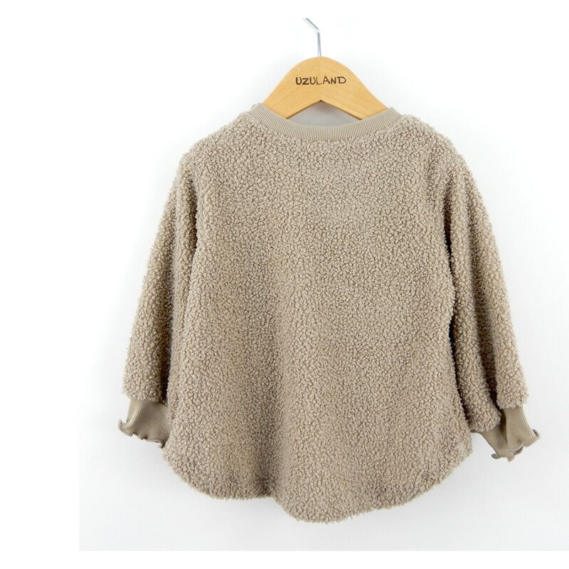 日本 ZOOLAND - 圓領泰迪熊刷毛長袖上衣-百寶袋-淺灰杏