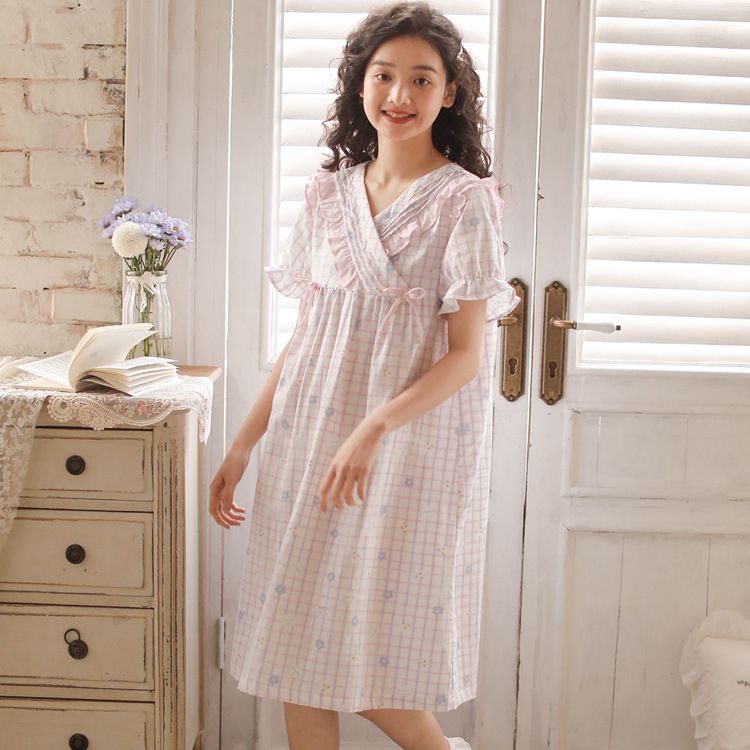 雙層棉紗布透氣短袖睡裙-小花格紋-粉紫色