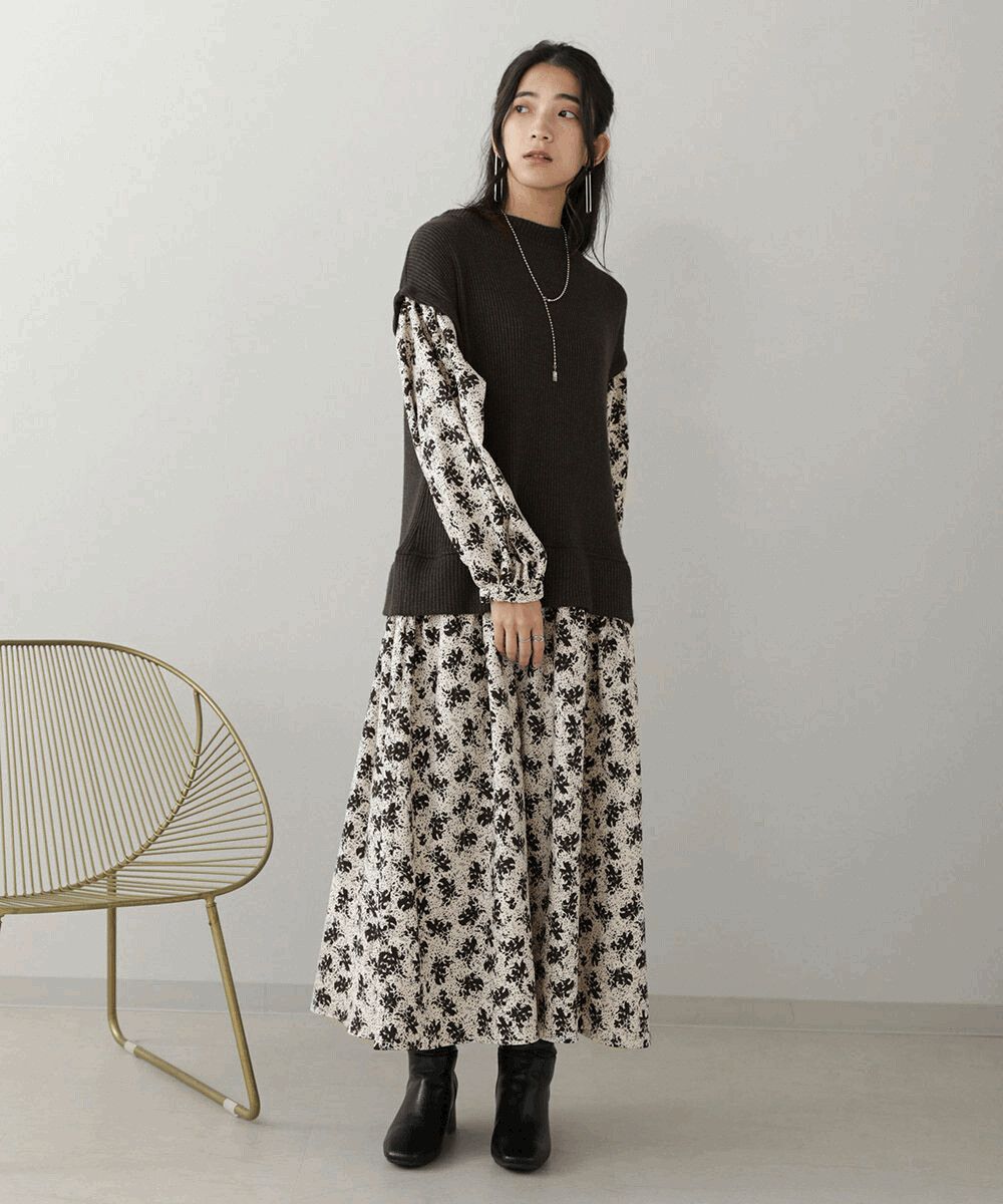 日本 Bou Jeloud - 針織背心假兩件拼接長袖寬鬆洋裝-米