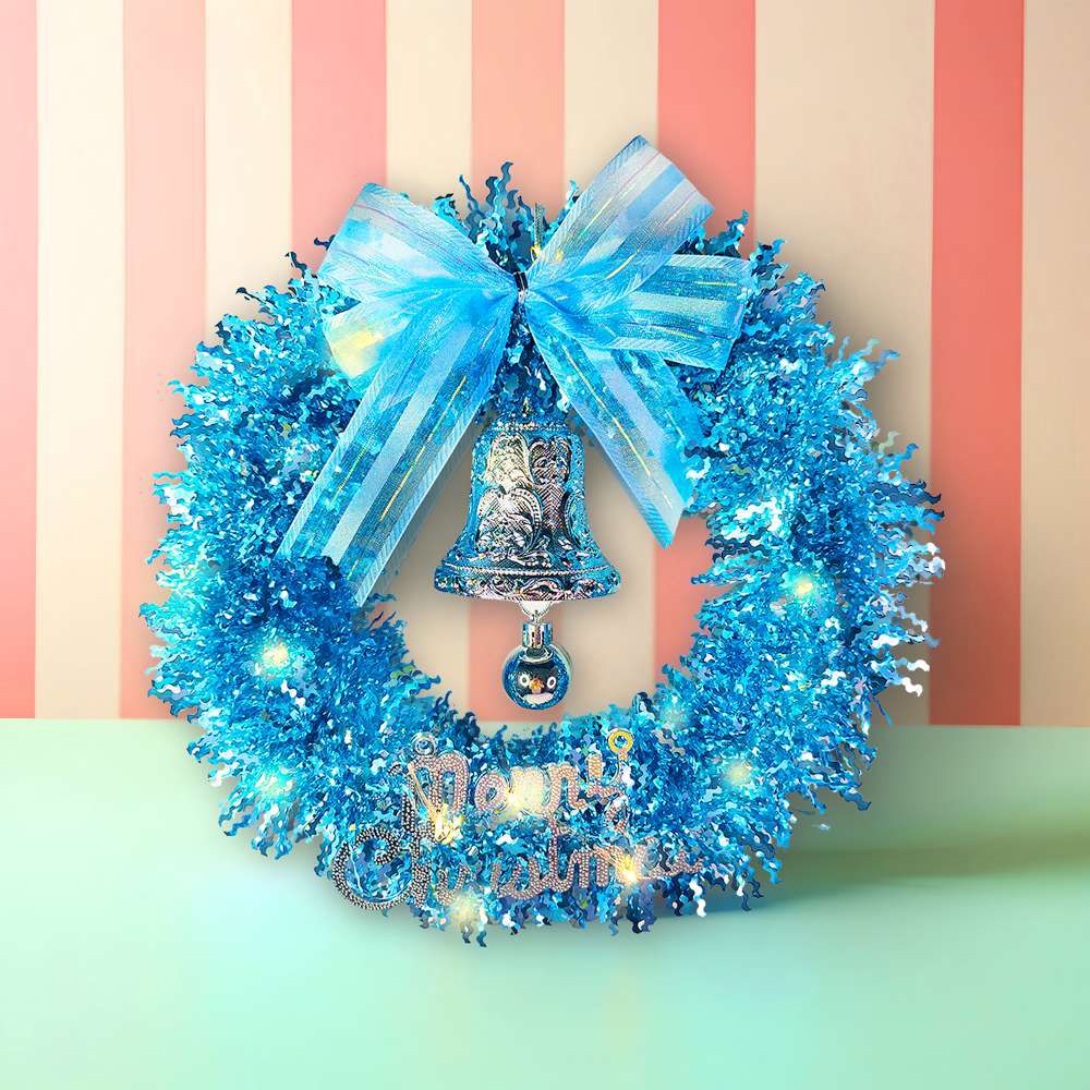 11吋夢幻土耳其藍系金蔥彎絲聖誕花圈+20燈LED暖白光燈串_本島免運費