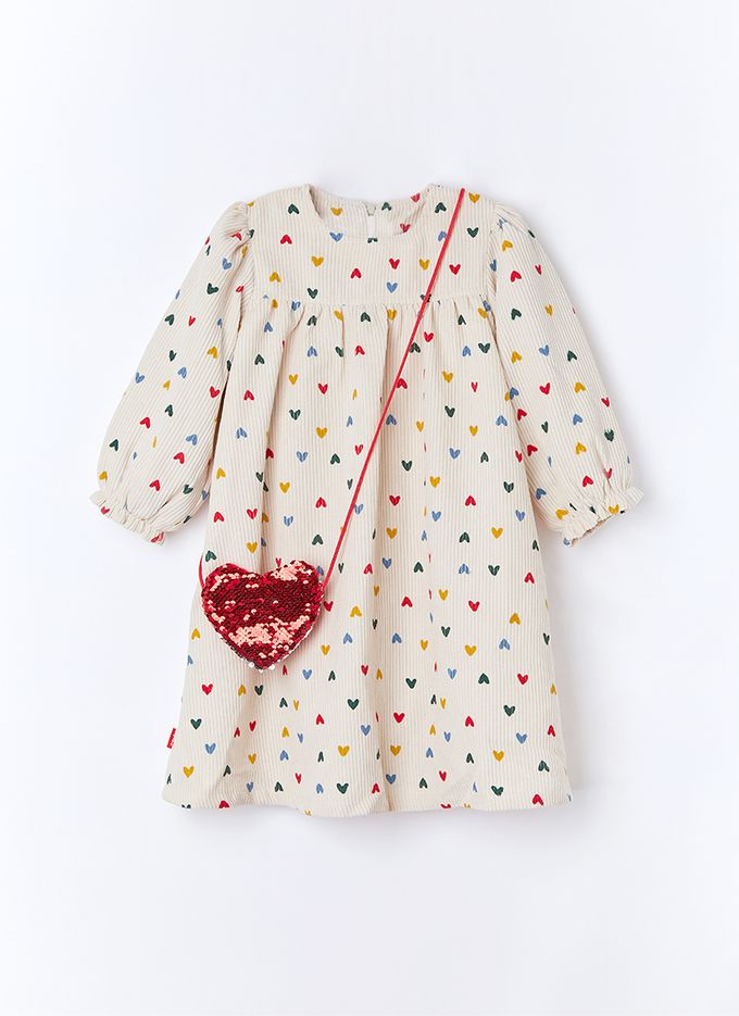 韓國 OZKIZ - (附包包)多彩愛心燈芯絨溫暖洋裝-米