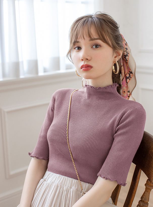 日本 GRL - 木耳邊小高領羅紋五分袖上衣-黑