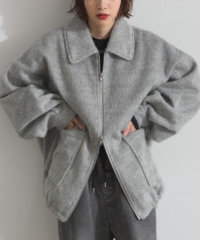 日本 ELENCARE DUE - 毛海感寬版雙拉鏈大口袋保暖外套-象牙白