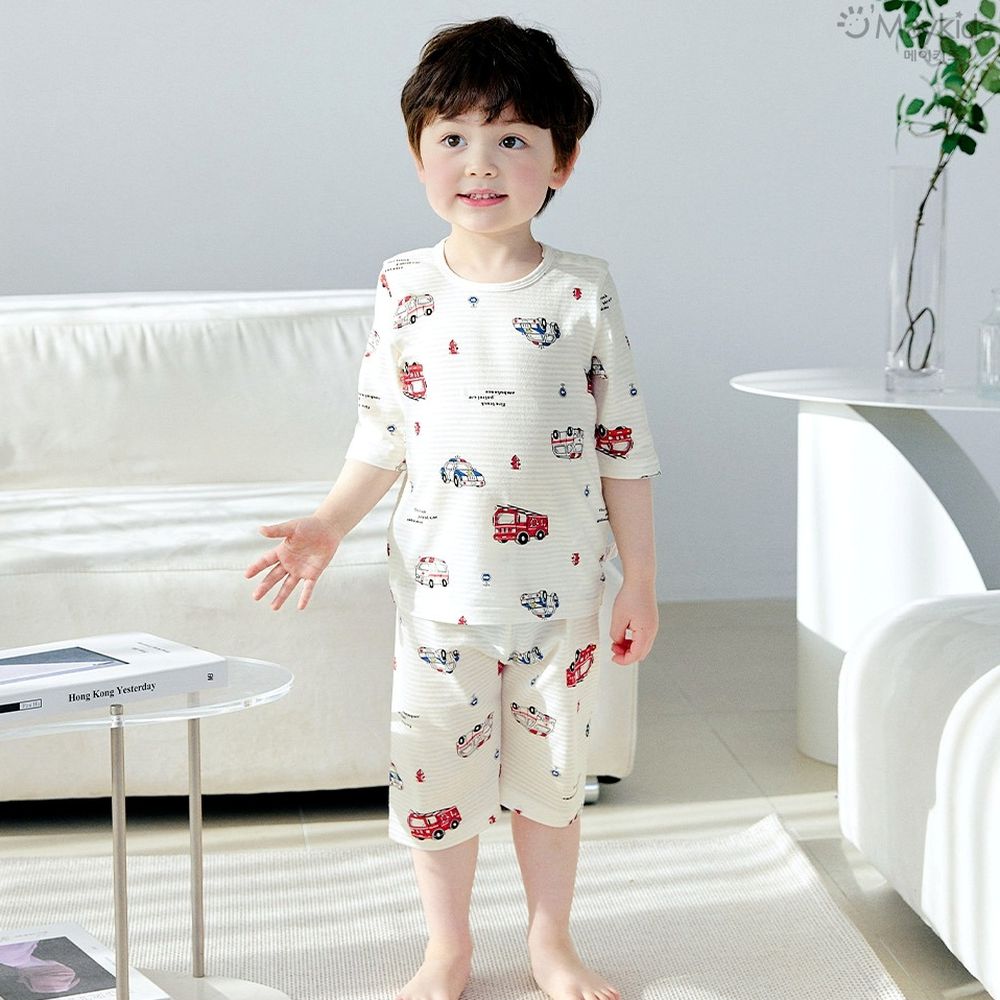 透氣條紋提花棉七分袖家居服-緊急出動車車-米