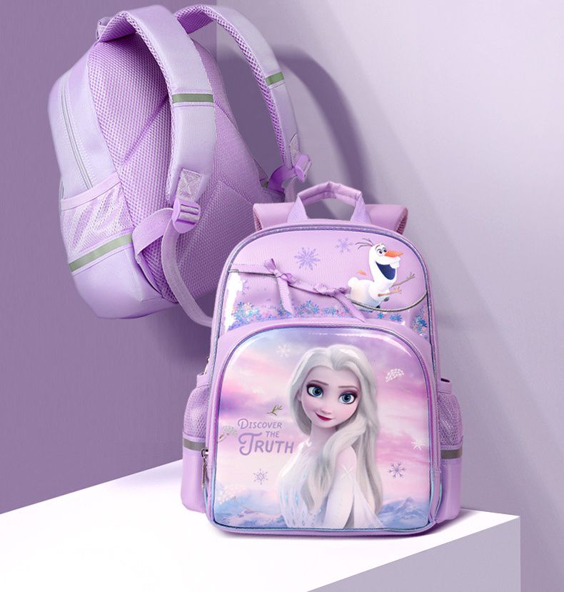 卡通大容量減壓書包-卡通人物艾莎+大雪寶-紫色 (建議80-120cm)-21x14.5x35cm