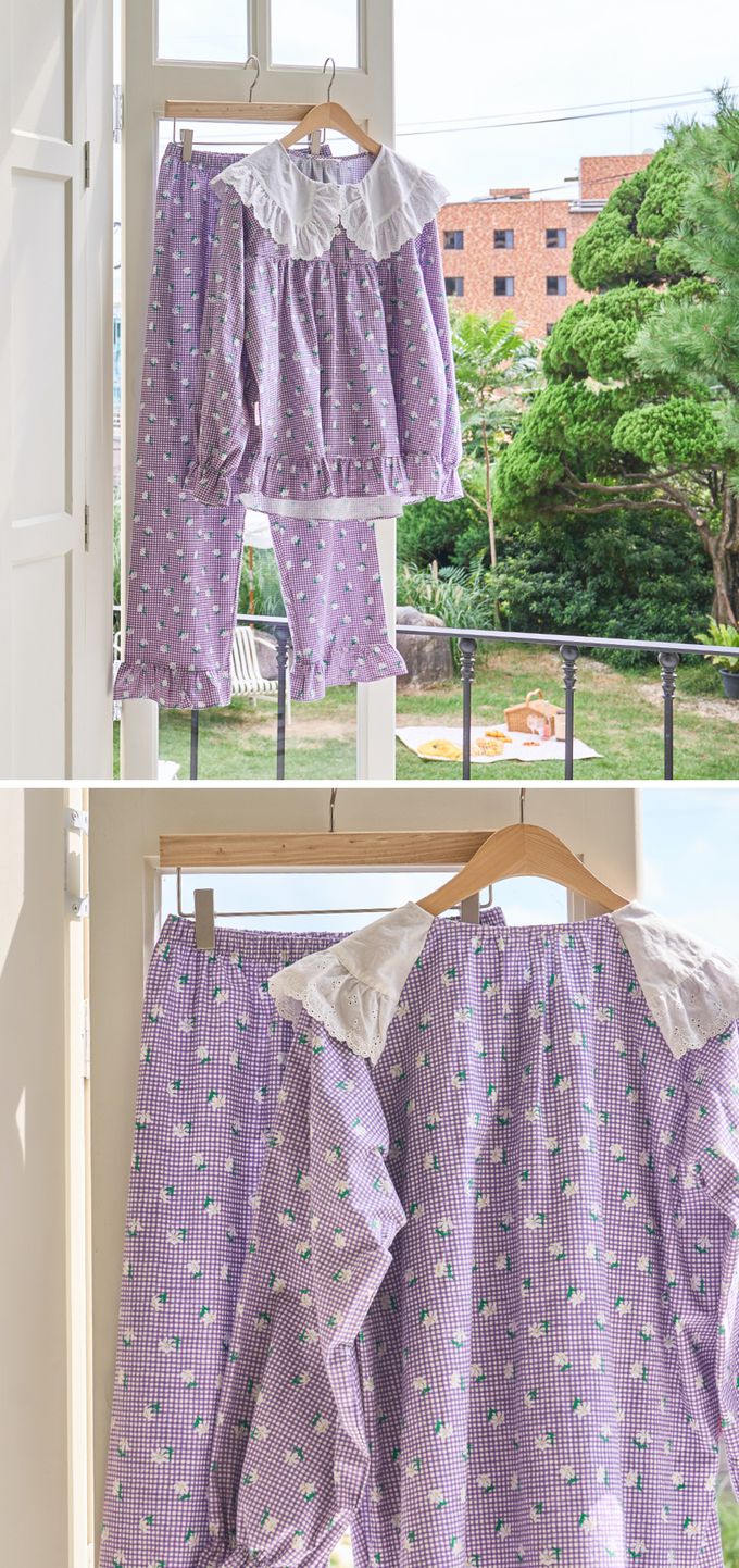 韓國 ULLALA - 細格花布裝飾長袖睡衣套裝-(兩件式)-紫 (FREE)