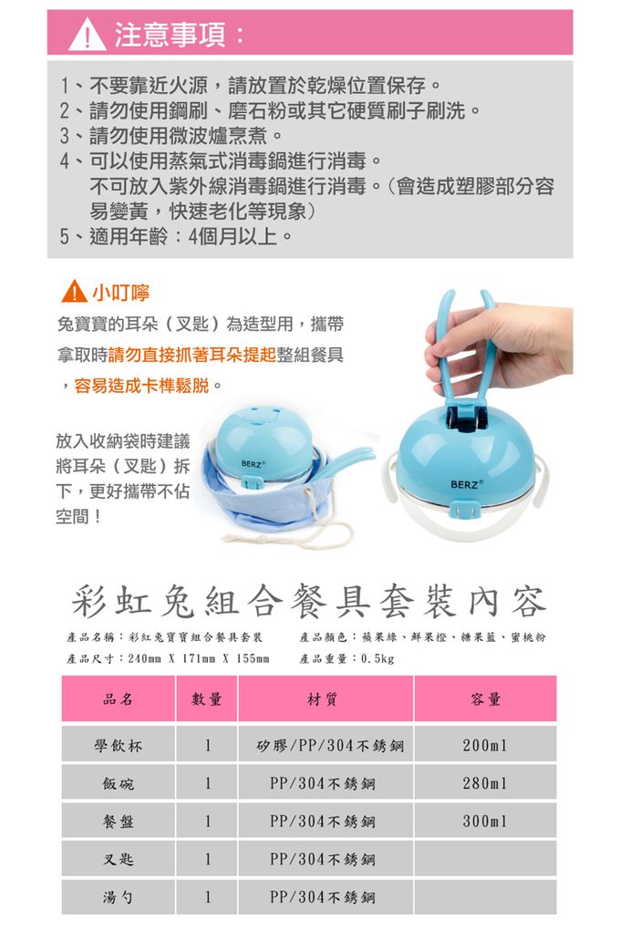 英國 BERZ - 彩虹兔寶寶五合一組合餐具-糖果藍色