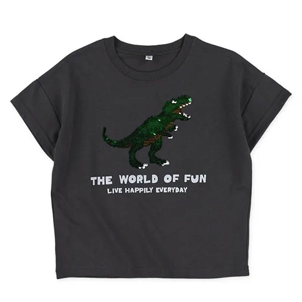 閃耀亮片男孩最愛短袖上衣-恐龍-深灰