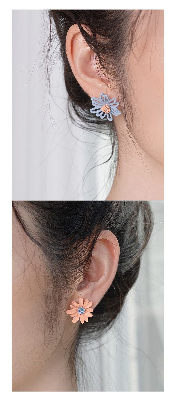 韓國 Soo&Soo - 甜美髮箍&花形耳環5入組合-藍 (耳環1.8cm/2cm, 髮箍0.3cm/1.3cm/2cm)