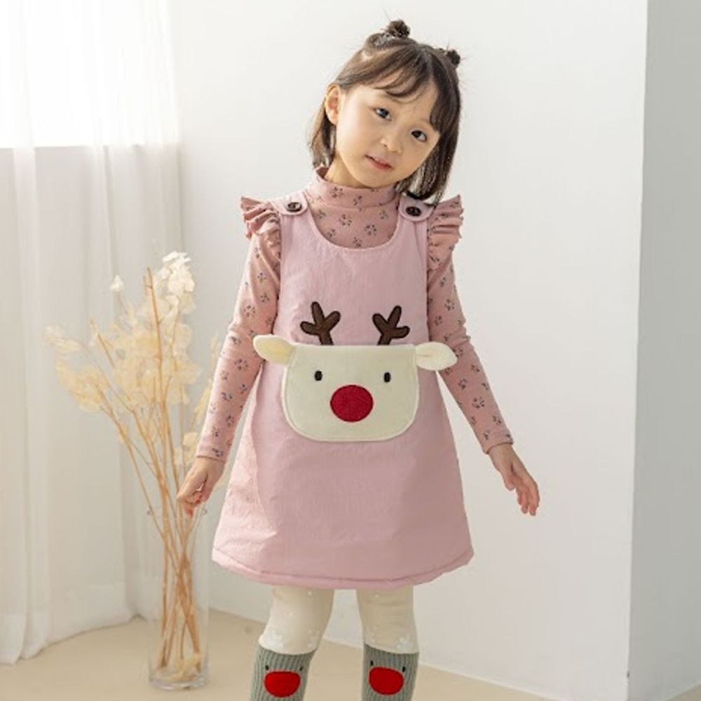 韓國 Orange Mom - 麋鹿口袋鋪棉洋裝-粉紅