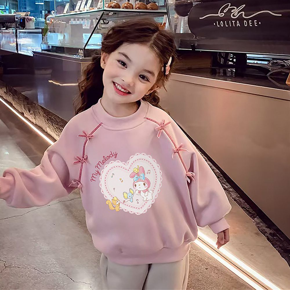 加絨蝴蝶結長袖上衣/大學T-卡通人物美樂蒂-粉色