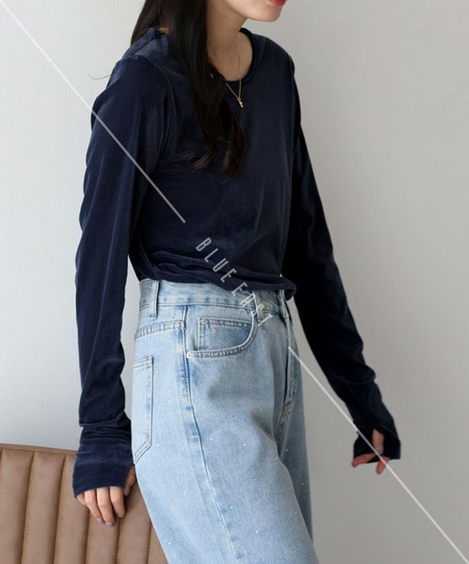 日本 BLUE EAST - 透明感光澤絨面船領長袖上衣-(指孔設計)-咖啡