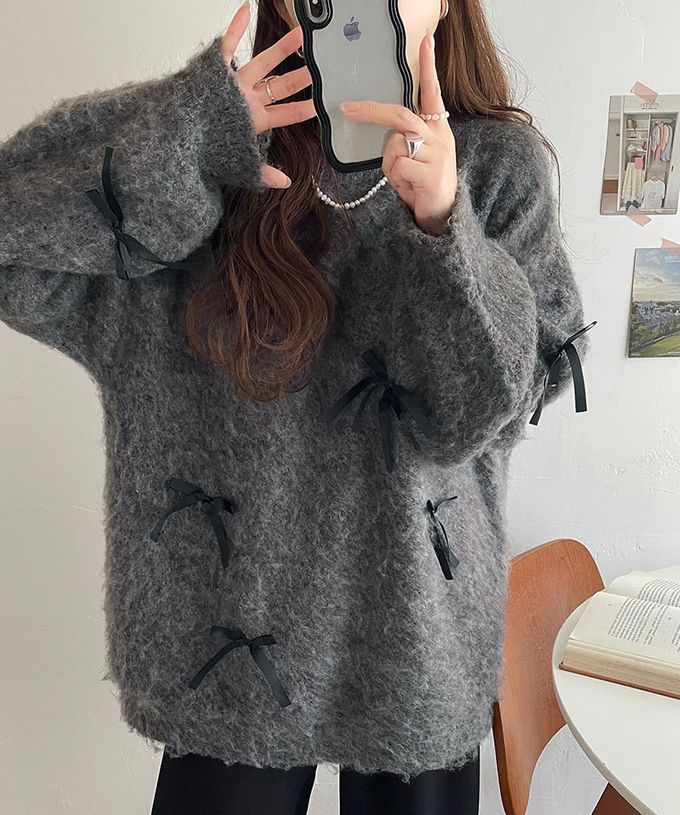 日本 Classical Elf - 甜美滿點 毛海蝴蝶結浪漫毛衣-白