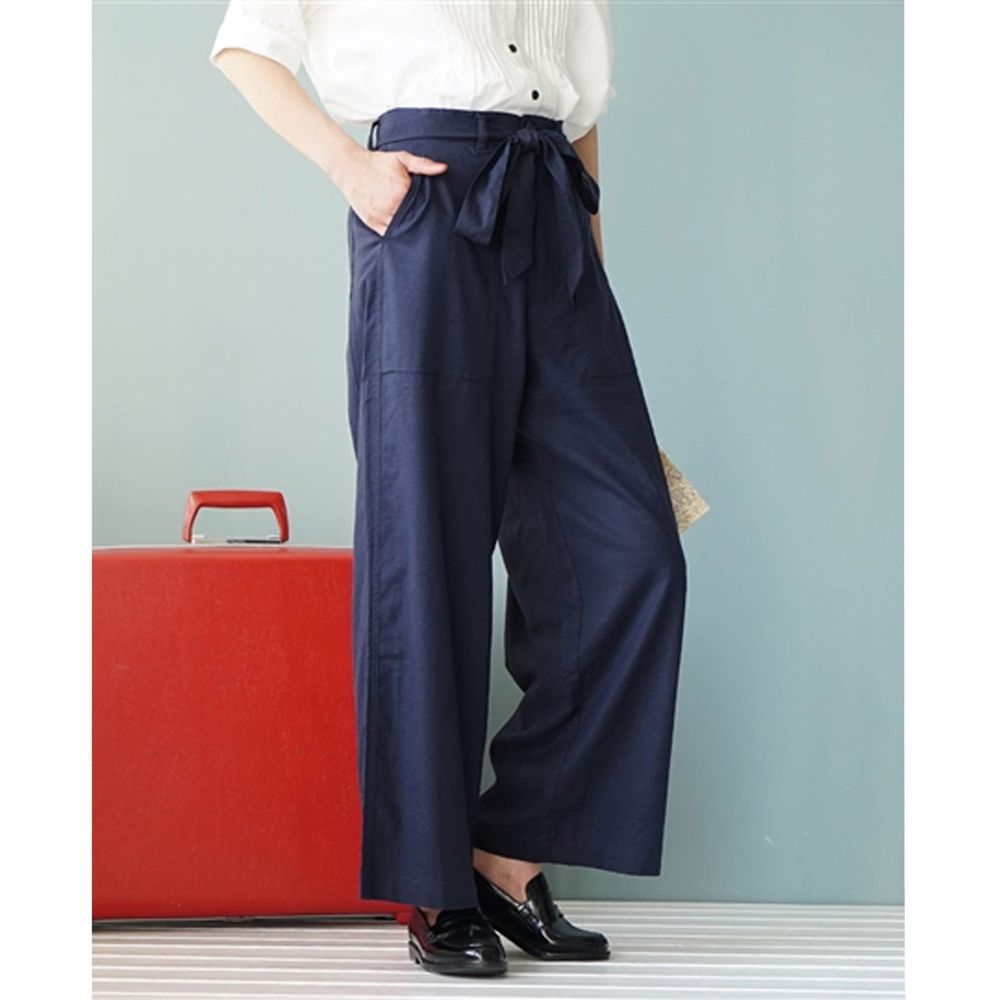 日本 zootie - 麻料舒適綁帶寬褲-深藍