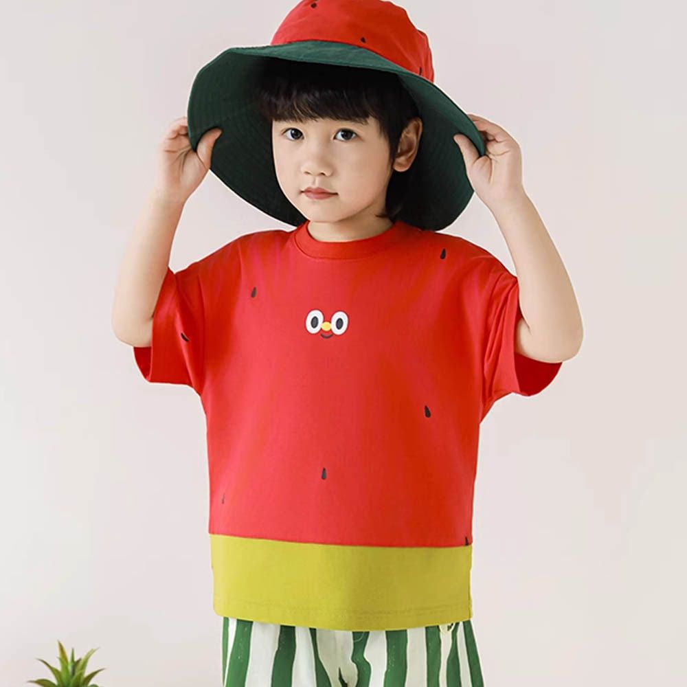 圓領水果撞色短袖上衣-表情印花-西瓜