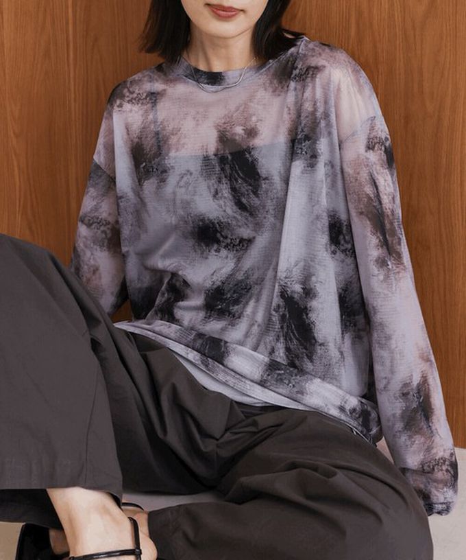 日本 Bab - 雲彩風格透膚美型長袖上衣-黑灰