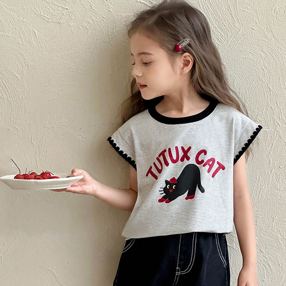 拼色圓領鉤花小飛袖上衣-可愛貓咪-灰色