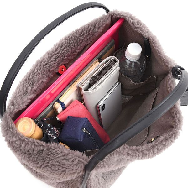 日本 COOCO - 異材質拼接毛茸茸托特包-米蘭杏 (W33*H25*D17cm)