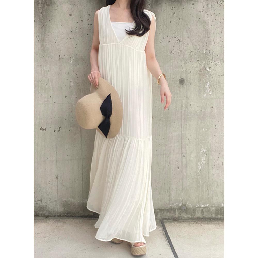 柔美雪紡後綁帶細摺背心洋裝-象牙米 (F)