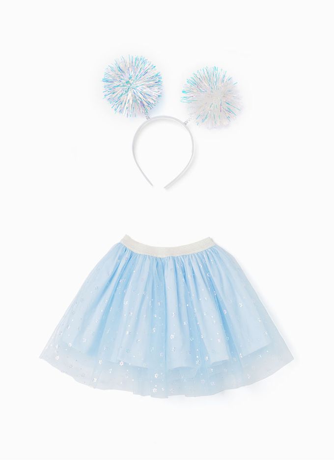 韓國 OZKIZ - (附髮箍)鬆緊腰雪花亮片網紗裙-天空藍