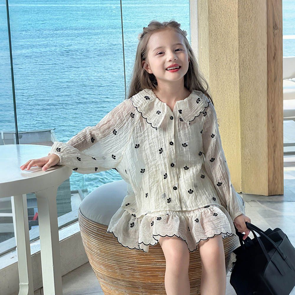 天絲透膚皺摺設計襯衫+短裙套裝-花邊刺繡-杏色