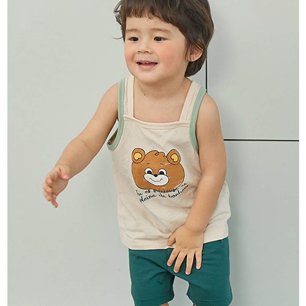 (防縮水加工)柔韌棉無袖家居服-復古印刷棕熊-米膚X綠